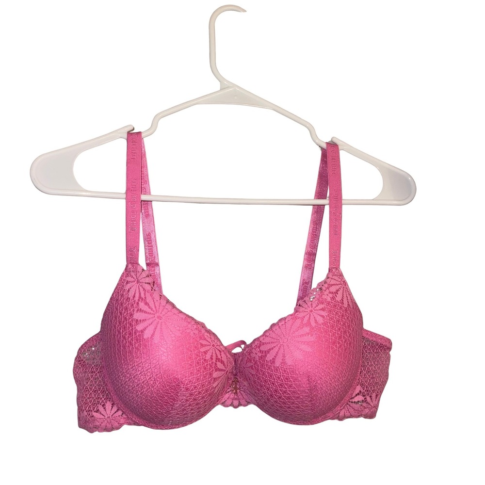Juicy Couture Pink Lace Push Up Bra 36C – Underwire, Floral, Adjustable Straps